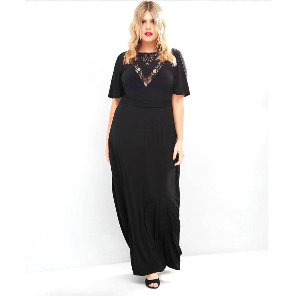 NWT ASOS CURVE Size 16 Maxi Dress V Neck Lace Flutter Sleeve Black - Picture 11 of 12